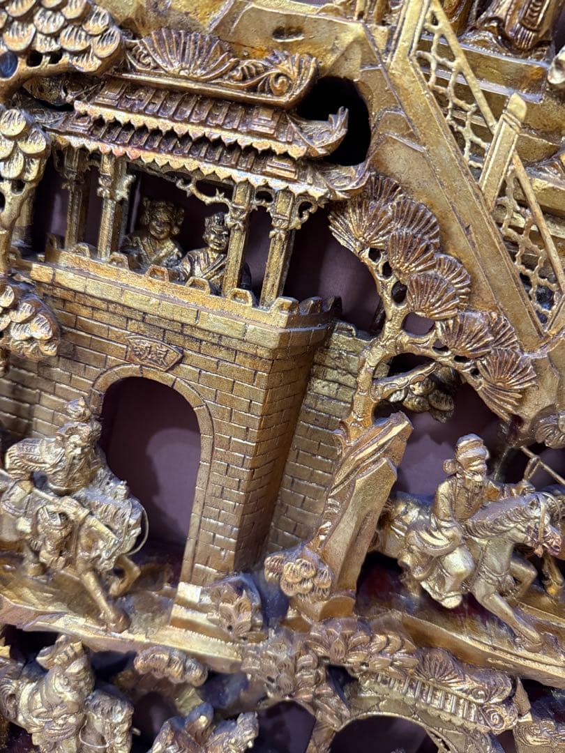 大型 中国宮廷風 立体木彫り彫刻 金色フレーム 三国志風 壁掛けアート 高級
