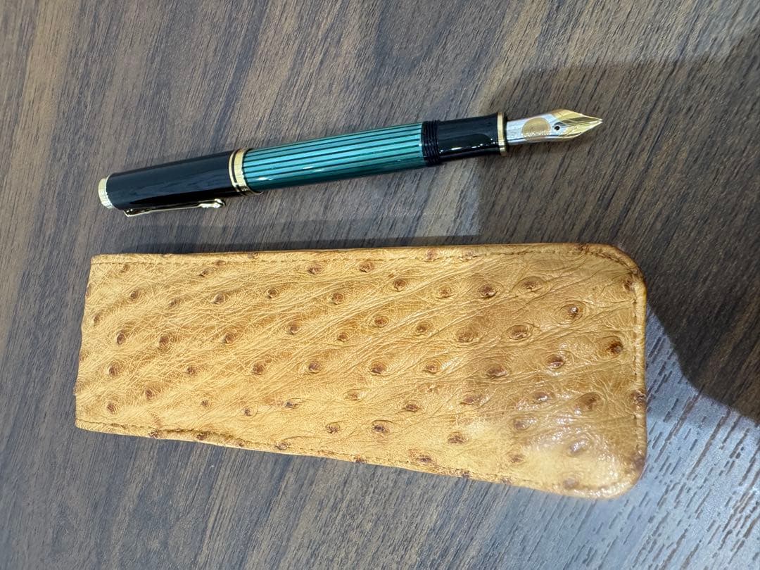 ペリカン　万年筆 緑と黒のストライプ オーストリッチ本革ケース付き
