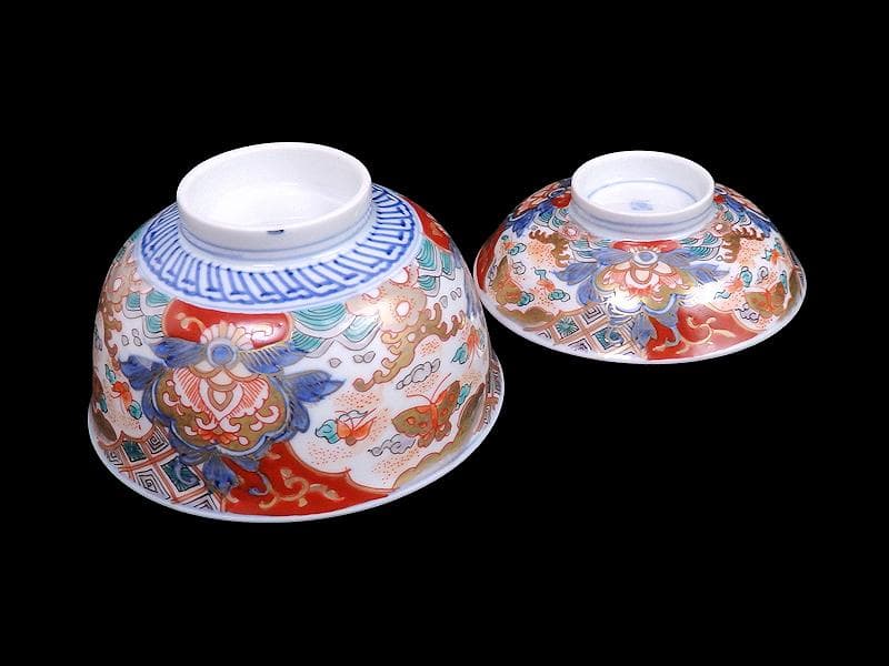古伊万里　金襴手　菊花四方襷紋　蝶に花の図　蓋茶碗　N1922AS-DCt