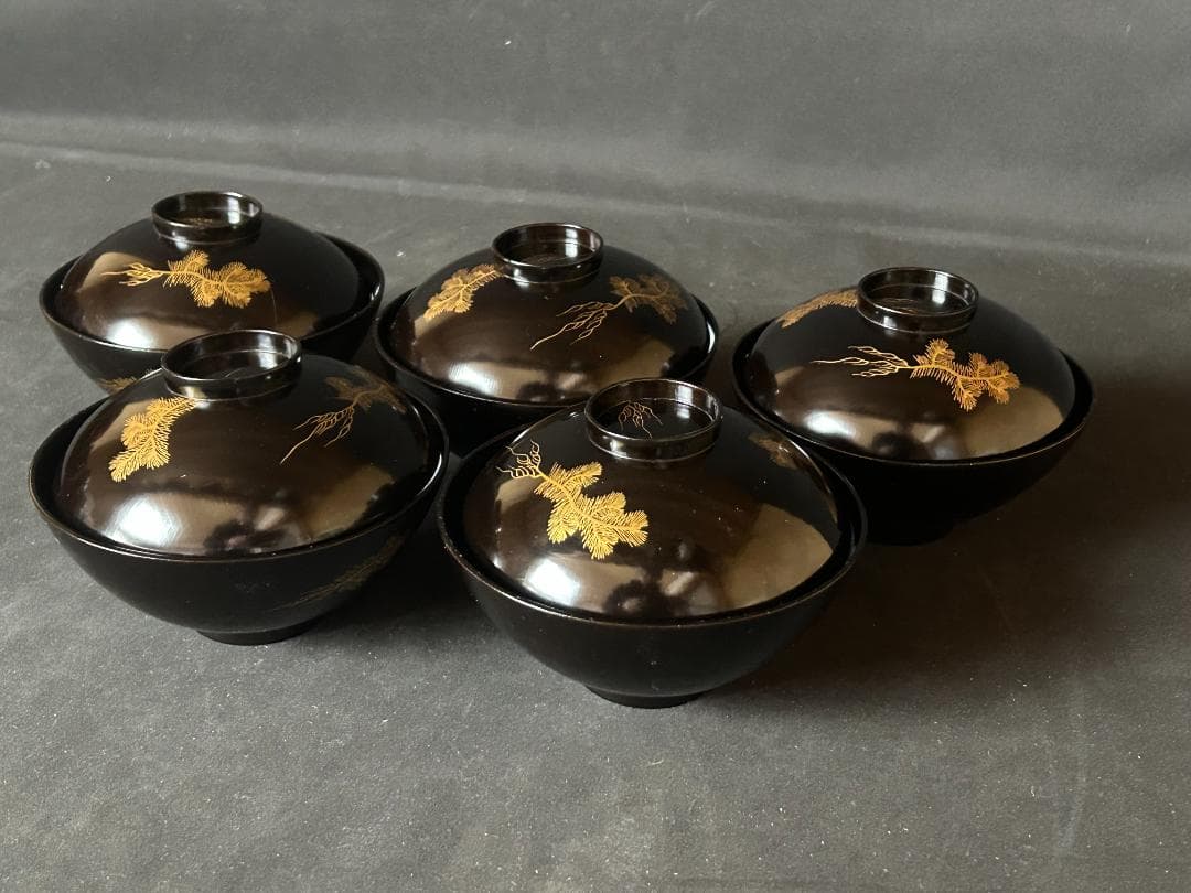 時代 輪島塗 沈金蒔絵 松文 黒塗 吸物椀 5客 茶懐石道具 s26