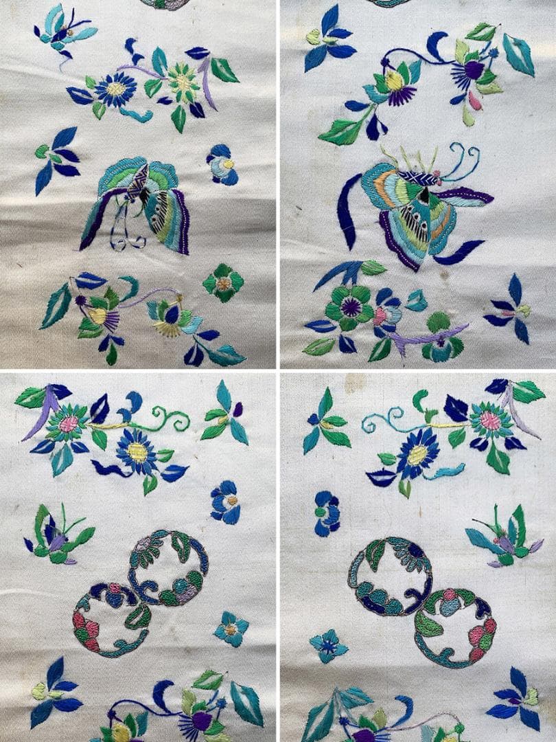 【繍】　★ 織繍 白色地花蝶紋挽袖 1対 ★　清代　花卉胡蝶 刺繍文様　明清繍品