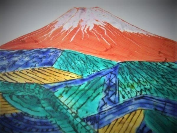 上絵赤富士 大皿「安藤康治」作 染付 未使用 富士山絵皿 陶器 木箱付き