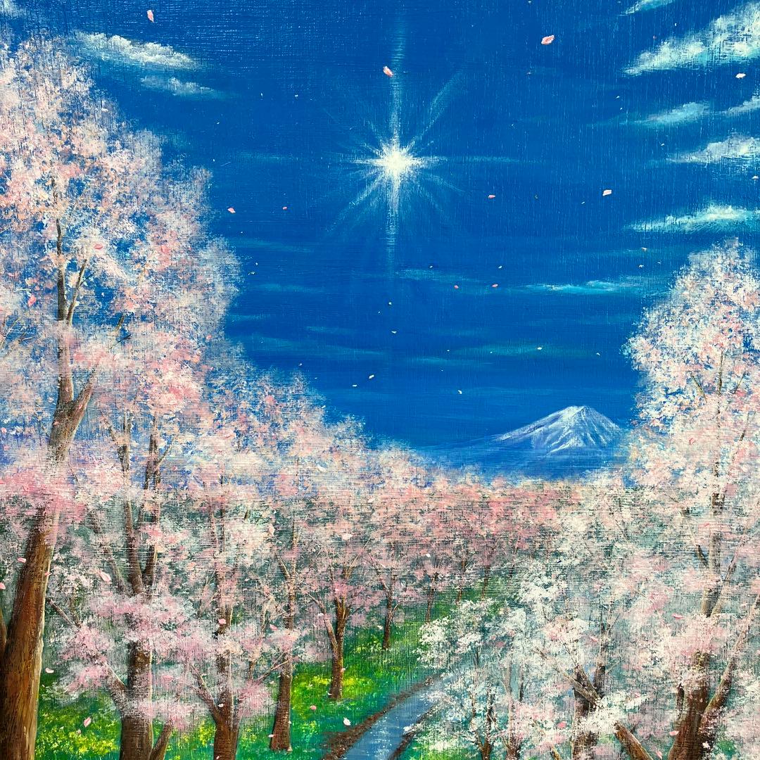 絵画　アクリル画　原画　桜並木　桜　富士山　インテリア　額付き 風景画　S.I