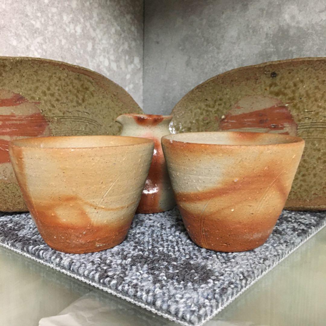 備前焼　作家物　晩酌セット　ペア　楕円皿　中皿　ロック杯　酒器