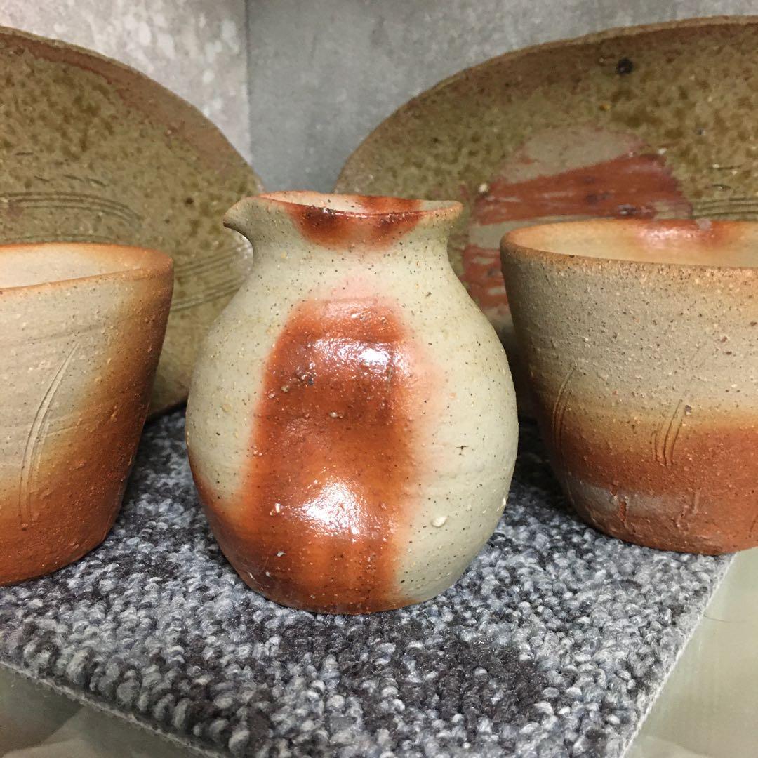 備前焼　作家物　晩酌セット　ペア　楕円皿　中皿　ロック杯　酒器