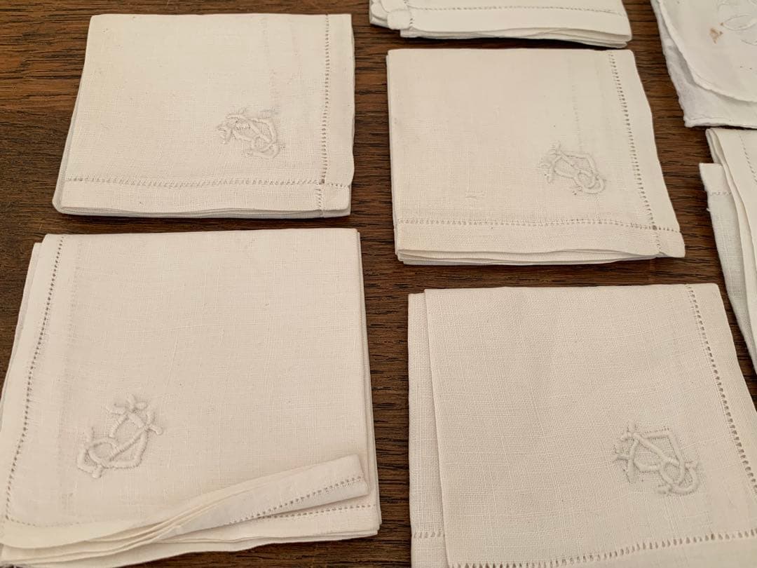フランス　蚤の市　イニシャル刺繍　ハンカチ　ナフキン　12枚セット