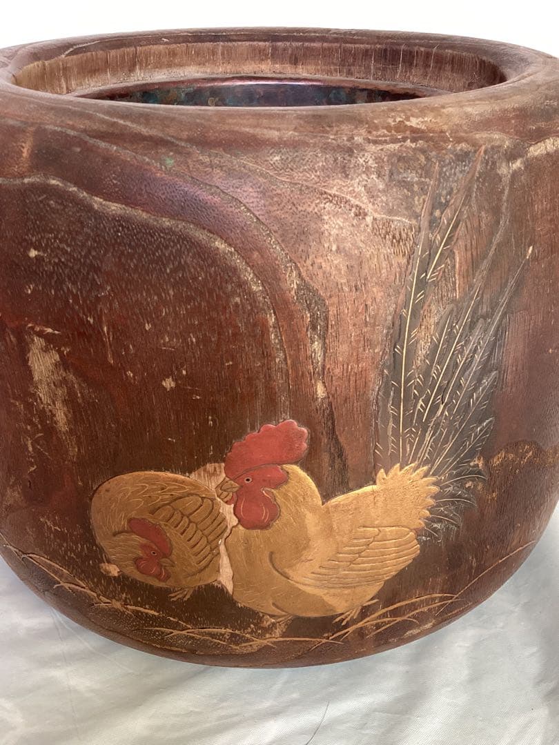 桐火鉢 鶏と花の金箔螺鈿装飾　時代物　古美術　漆芸　金蒔絵　鶏　菊　女郎花