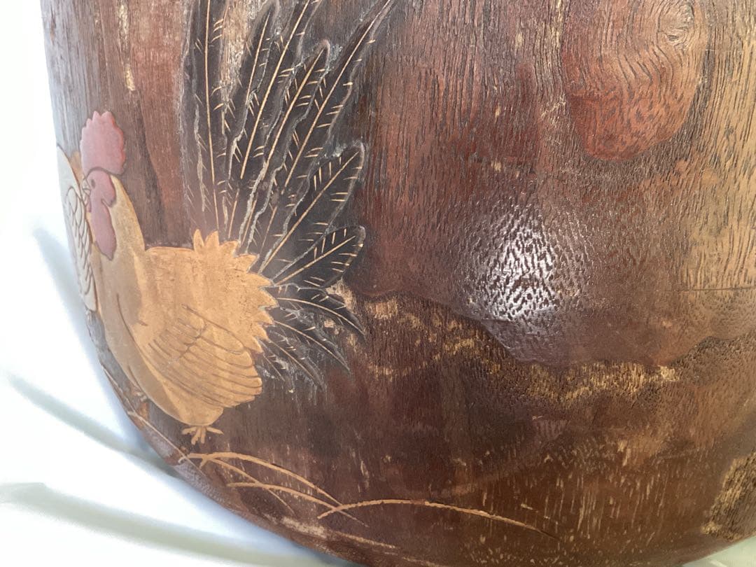 桐火鉢 鶏と花の金箔螺鈿装飾　時代物　古美術　漆芸　金蒔絵　鶏　菊　女郎花