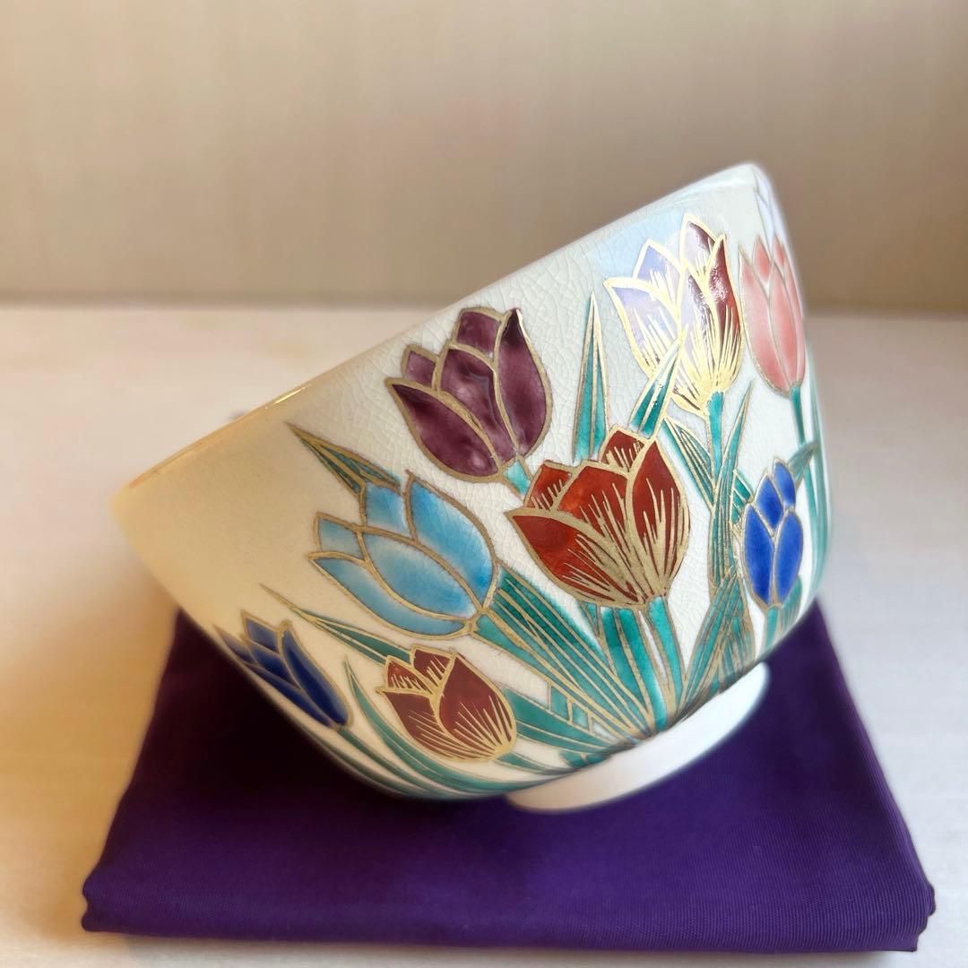 京焼　色絵　チューリップ　抹茶茶碗　茶道具
