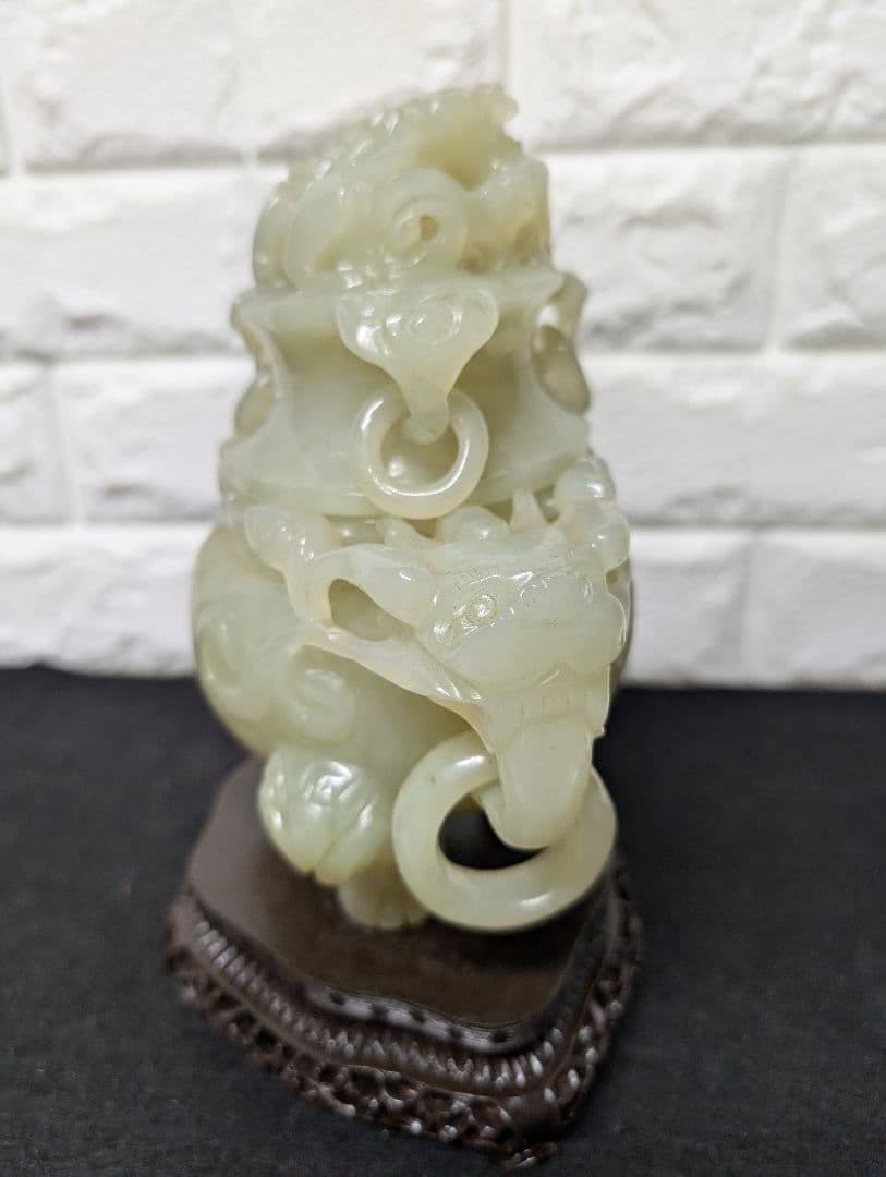 中国玉 鼎式香炉 獅子鈕 三足炉 玉彫刻 置物 台座付