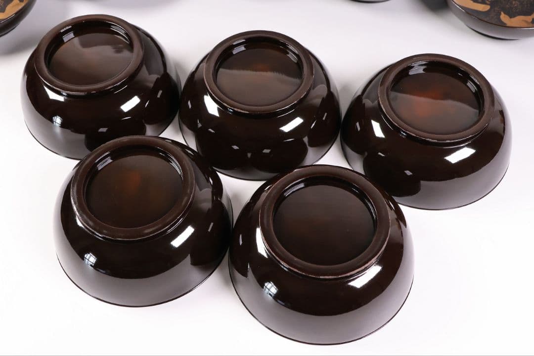 【CM452】輪島塗 天然木漆塗 桐鳳凰金蒔絵 黒塗椀 五客 昭和 漆芸 漆器