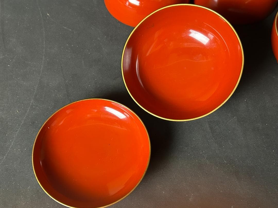 輪島塗 沈金蒔絵 宝珠文 朱塗 金縁 菓子椀 5客 茶懐石道具 102