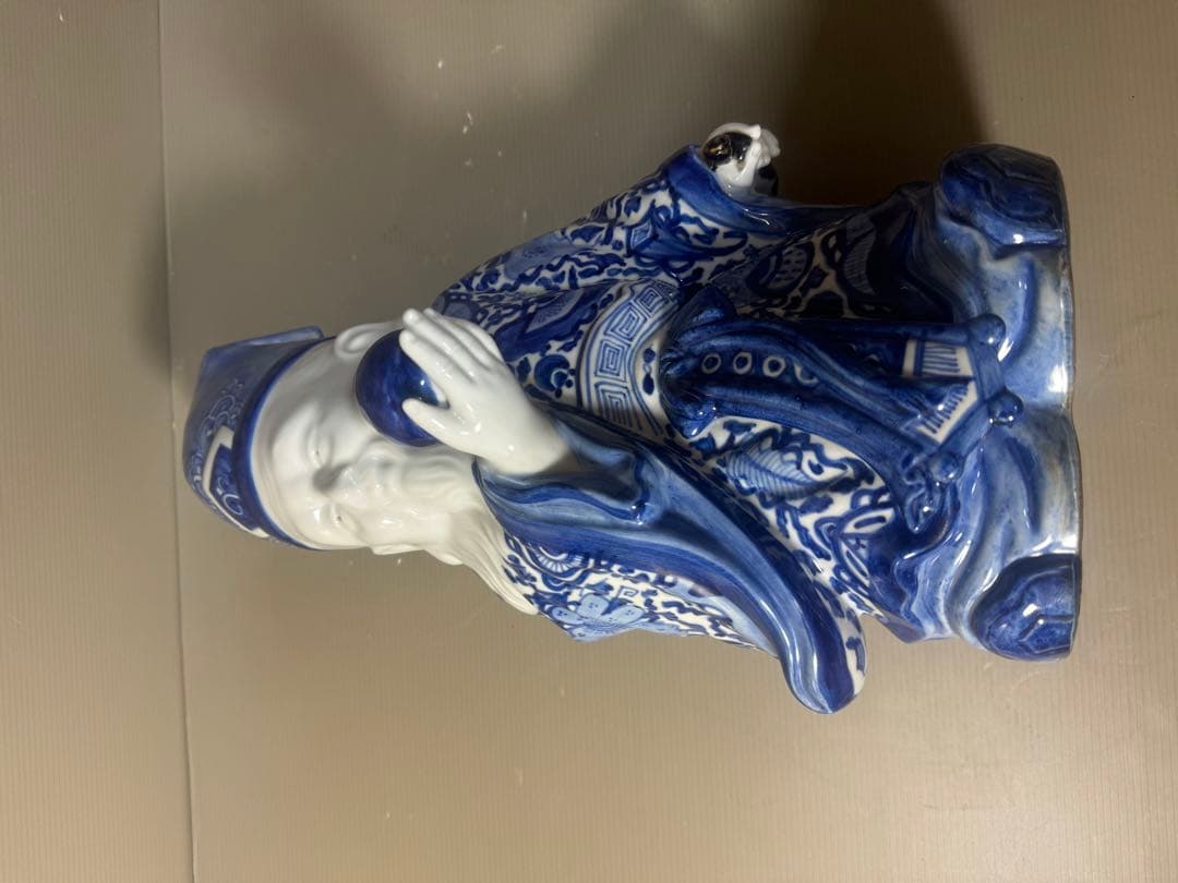 2625 九谷焼　八幡窯　菊仙　染付　寿老人　縁起物　置物　美品