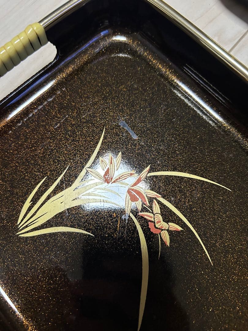 お盆　長手盆　角盆　昭和レトロ　花柄　レザー　トレー　葡萄　漆