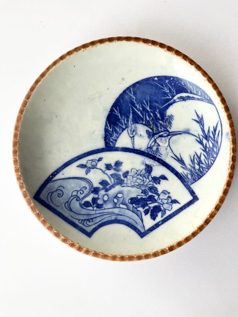 古道具 染付 印判皿 4客セット 縁起物 富士・鶴亀・扇 和骨董 21.5cm
