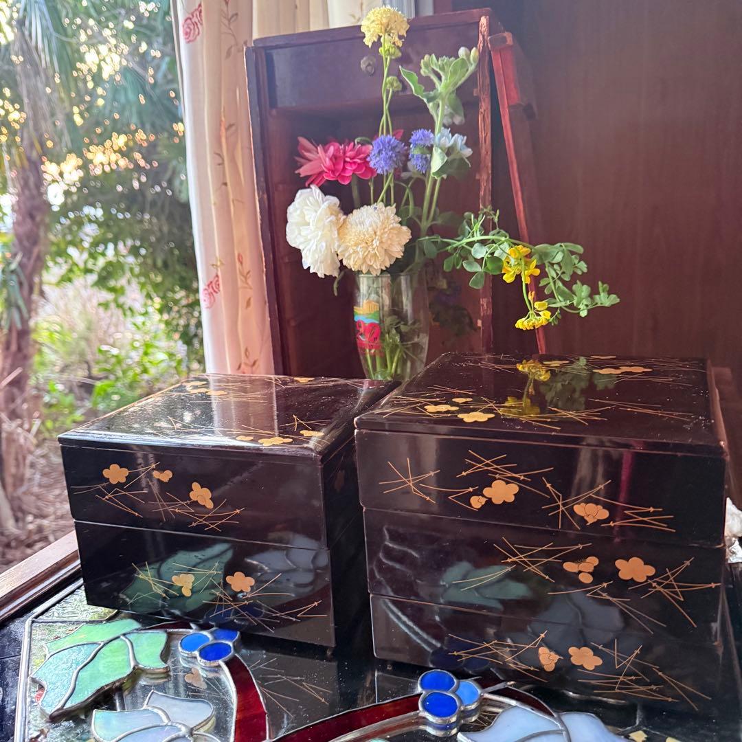 2237様感謝‼️JAPAN松&梅小ぶりな重箱天保14辰年五段二枚蓋欅元箱入り