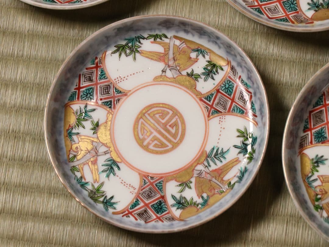 【CM18】古伊万里 竹鳥図 色絵 小皿 五客 11.9cm 小紋 錦手 金彩