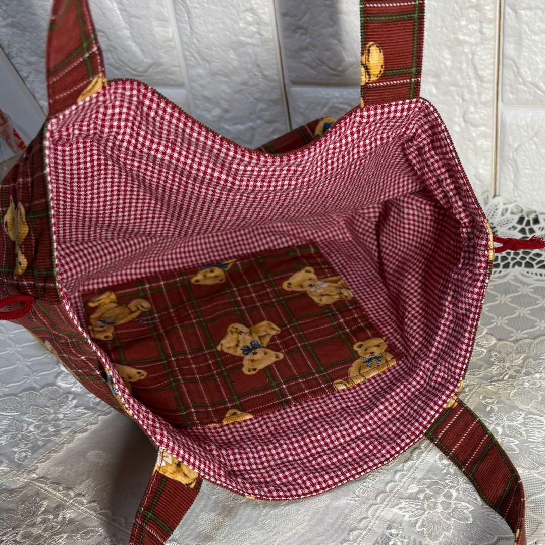 巾着トートバッグミニ　ベアチェック柄　コーデュロイ　レッド　ハンドメイド
