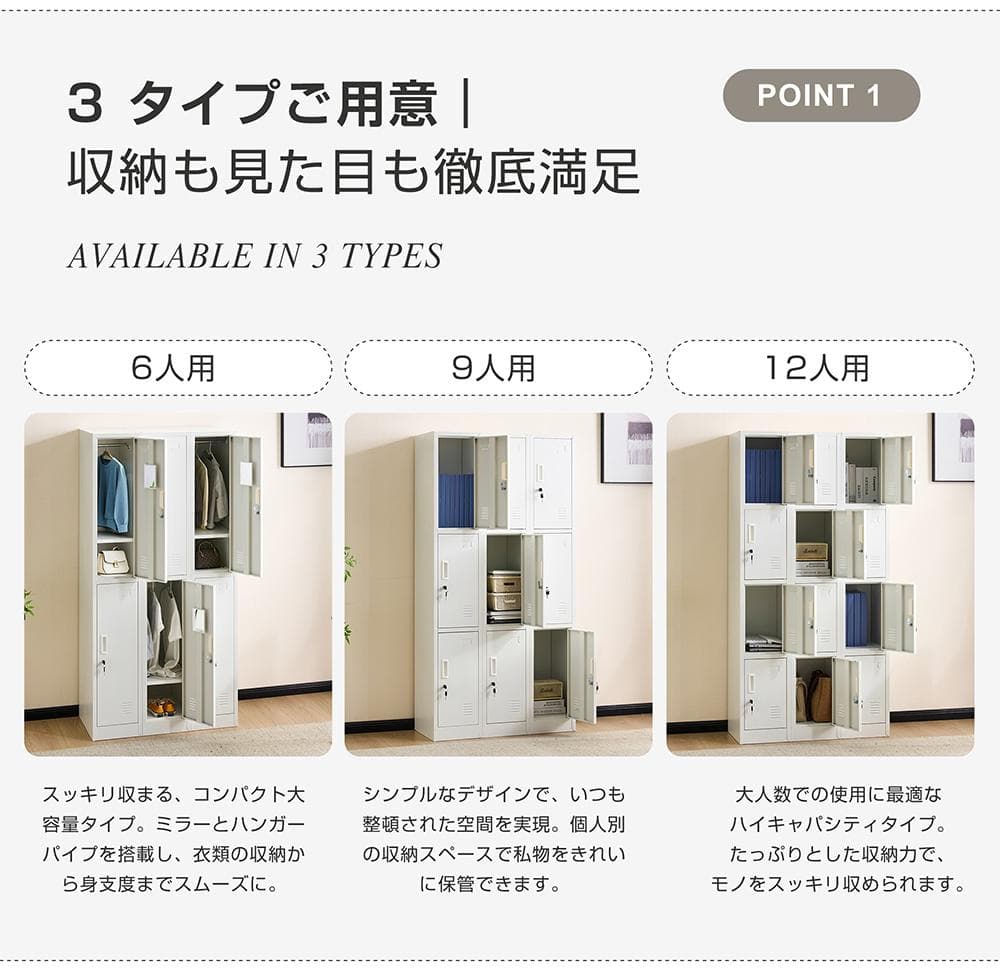 【ホワイト】ロッカー スチール オフィスロッカー 脚付 9人用 鍵付 スペアキー