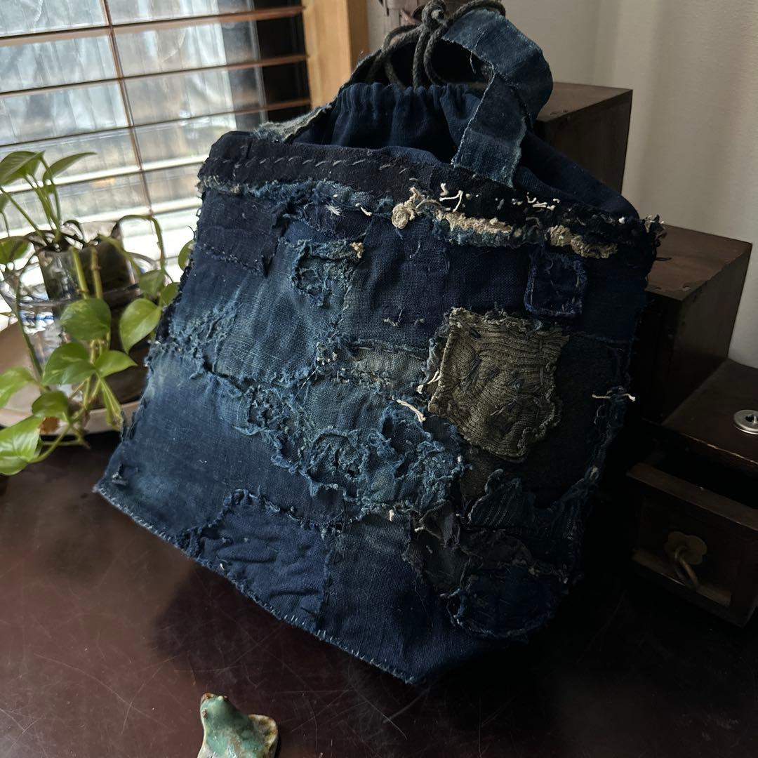 目隠し巾着カバー付き襤褸トート/藍染／襤褸