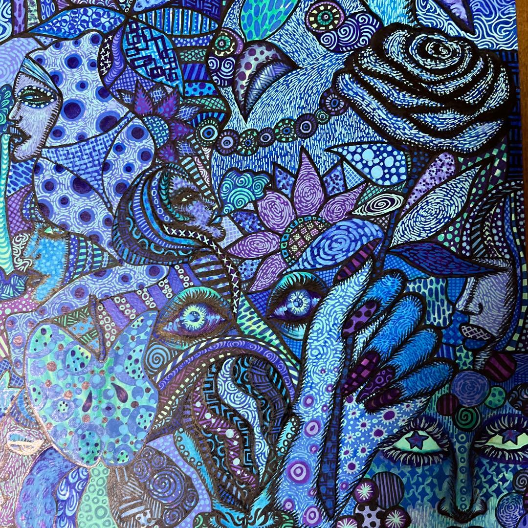 抽象画 青紫色 手描き