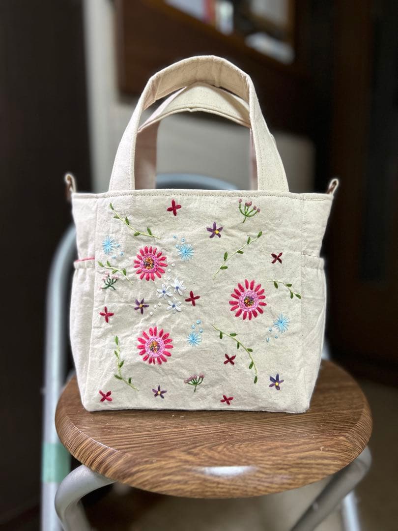 花柄刺繍トートバッグフリルショルダー