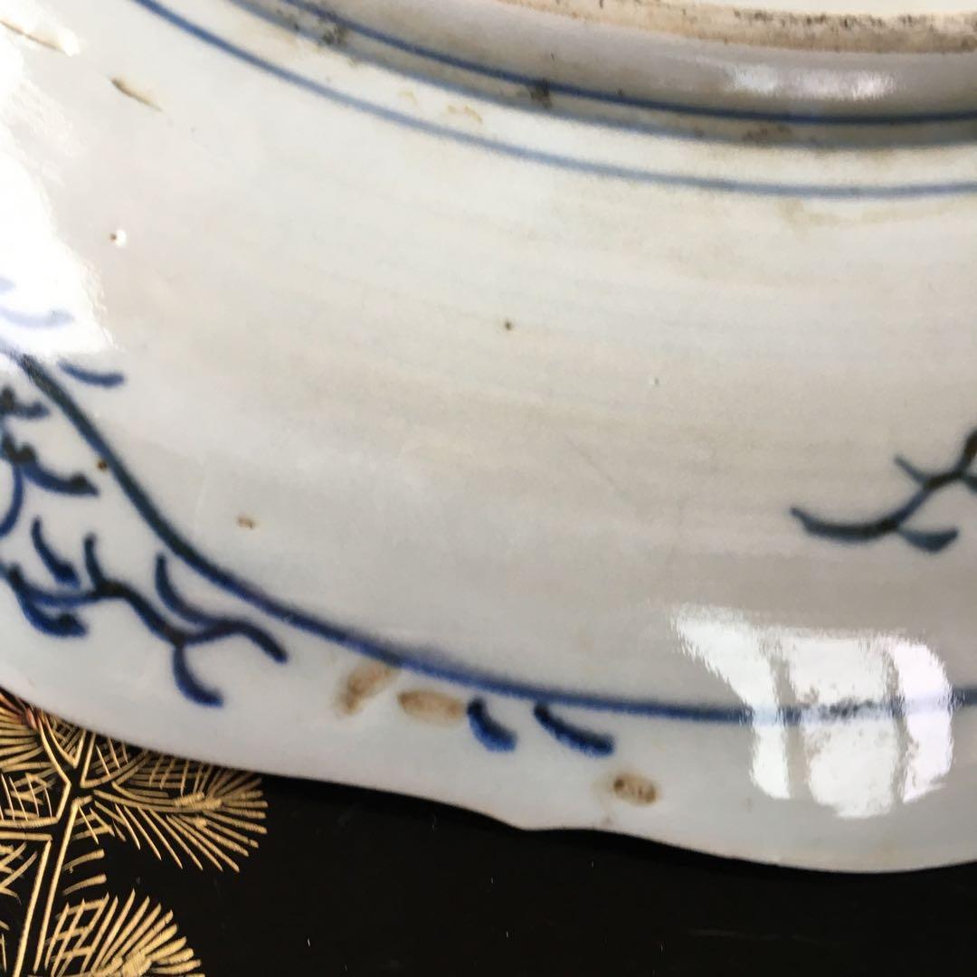 古伊万里染錦手　【飾り皿】区割窓絵　山水　花紋　輪花型　大皿　１客