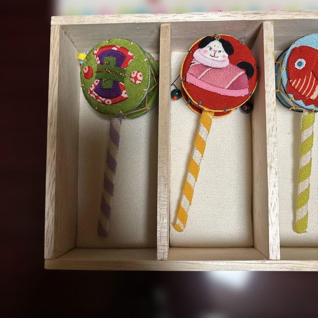 人形作家作　古布ちりめん細工　手作り置き物　でんでん太鼓6個セット