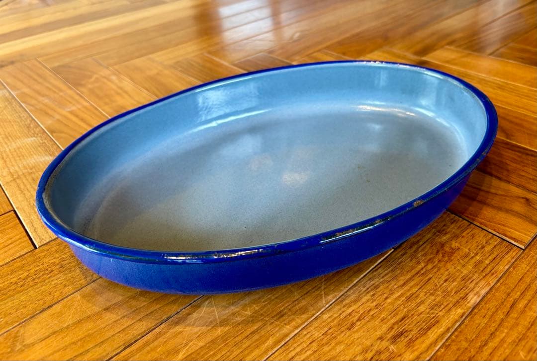 フランスアンティーク ブルーグラデーションのホーロー オーバルプレート 美品