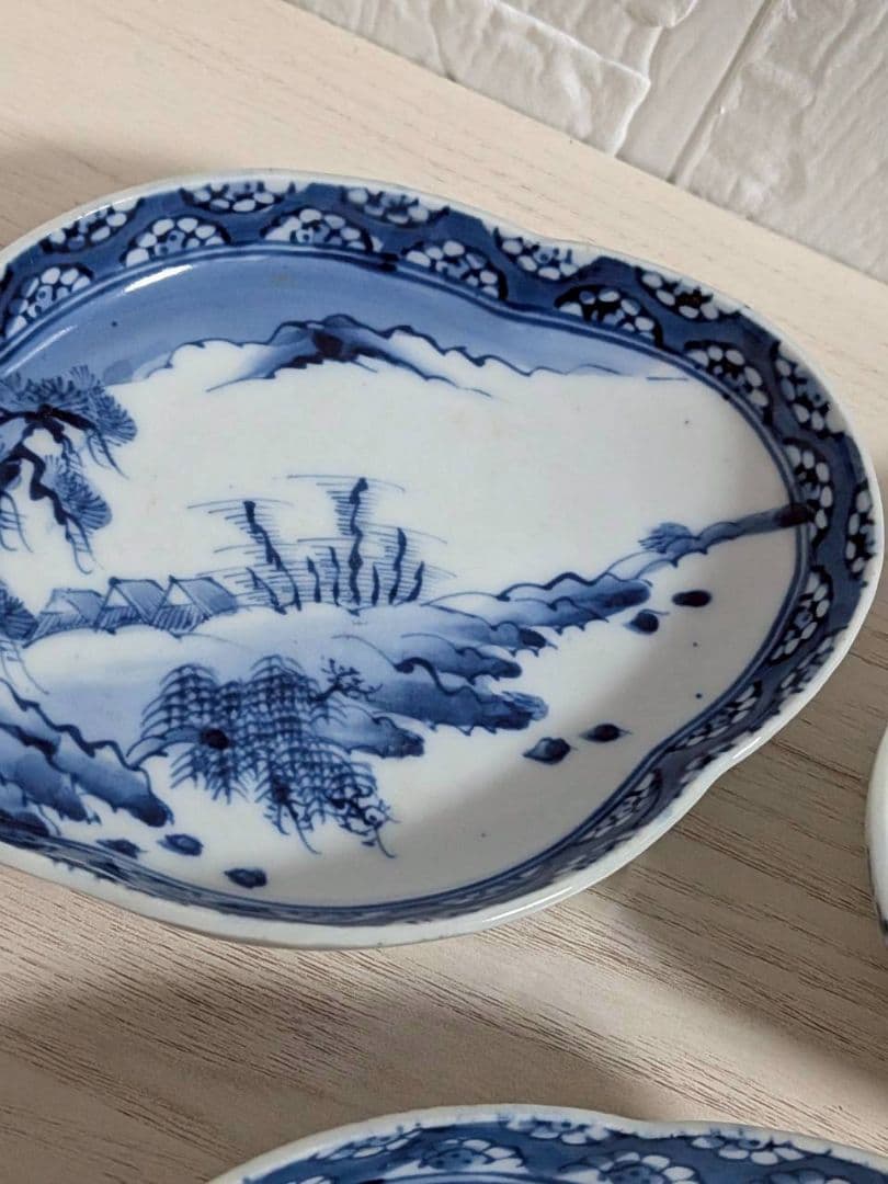 染付　木瓜型　手描き　 変形皿　骨董　 5客　向付　山水図　銘々皿　時代物