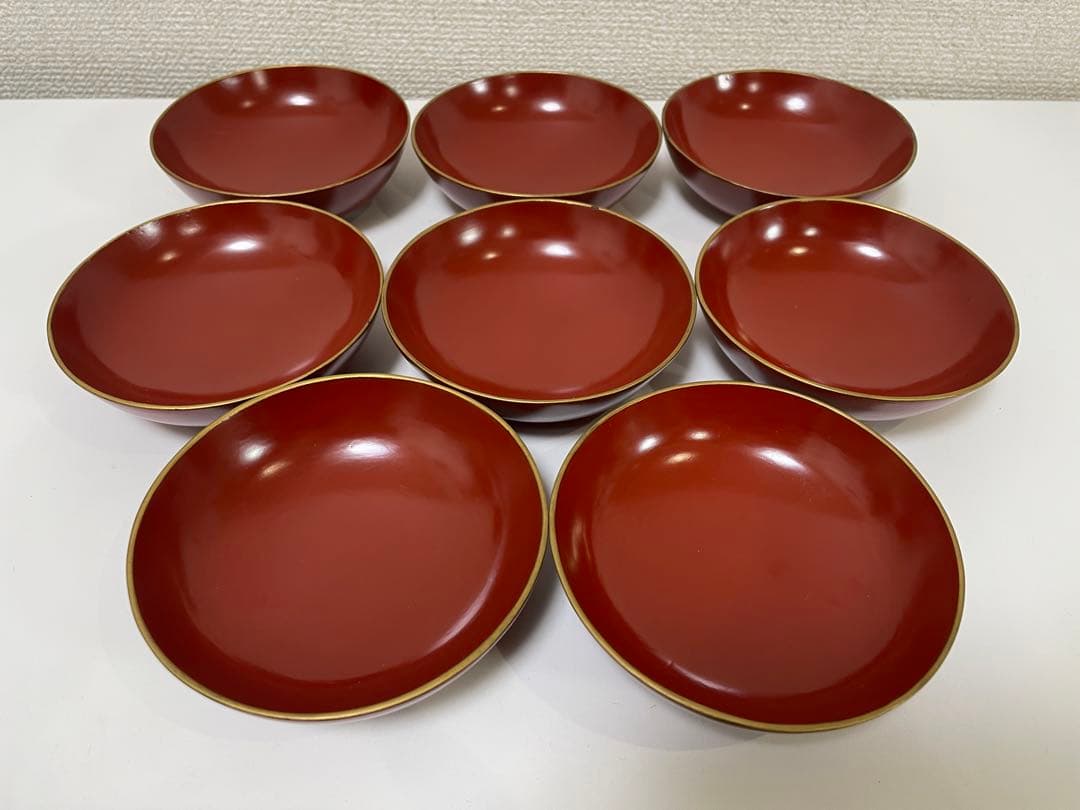 【現状品】漆器 輪島塗 金彩 朱塗 底黒塗 蓋付き椀 割烹 煮物椀 8個 ②