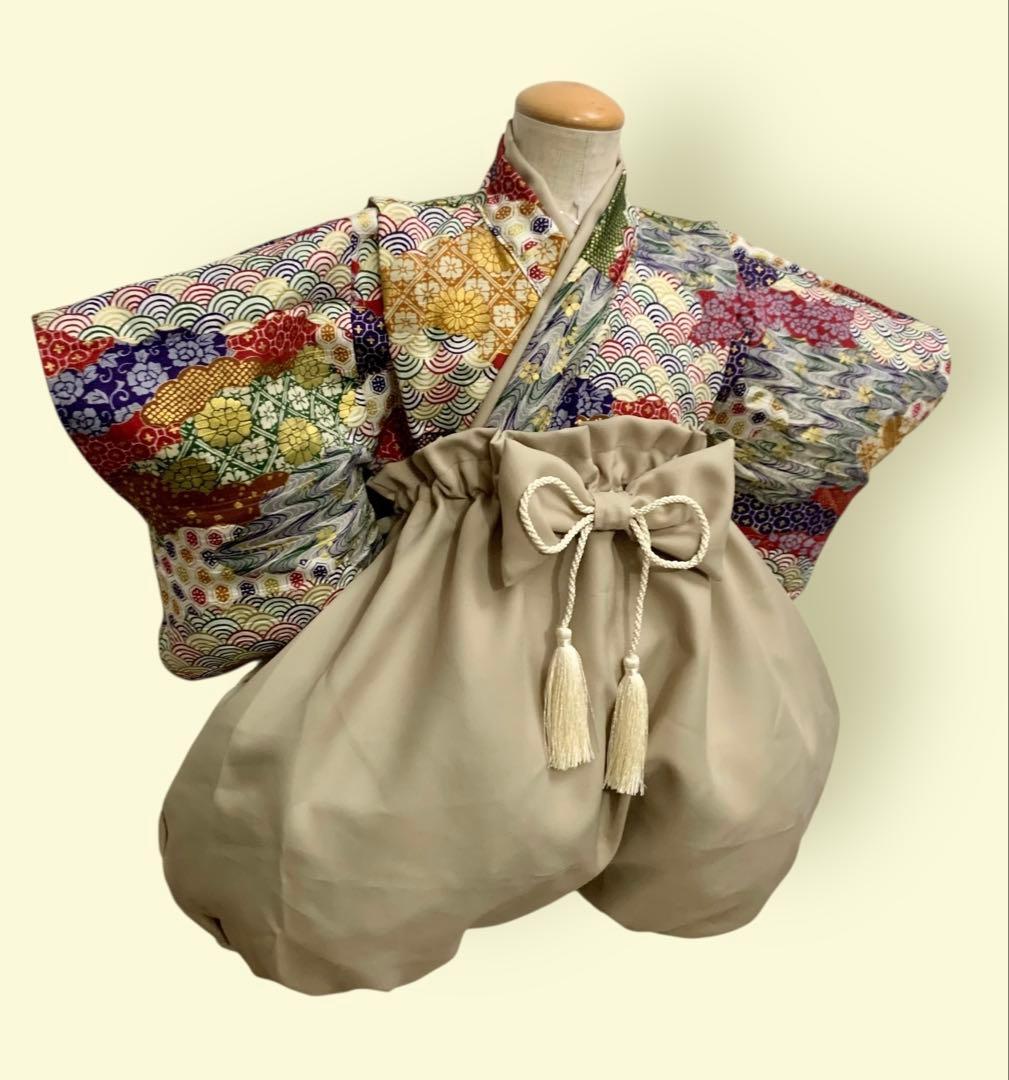 【お食い初め・初節句・撮影に】ベビー袴 生成りベージュ×和柄 七宝×花柄