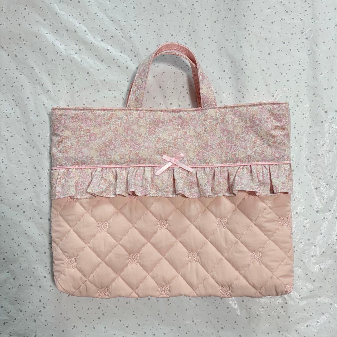 キラキラミシェル×リボン刺繍キルト　レッスンバック上履き入れ体操服袋ハンドメイド