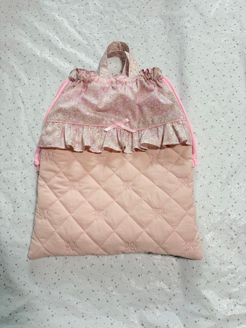 キラキラミシェル×リボン刺繍キルト　レッスンバック上履き入れ体操服袋ハンドメイド