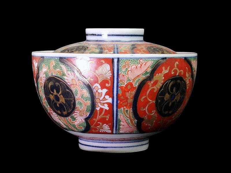 大聖寺伊万里　金襴手　唐子に桜花　金唐草に花の図　蓋茶碗D074AS-fbvq