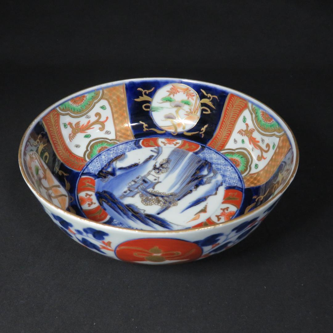 丼 九谷 金彩 色絵付け 唐草 瓢箪 山水 鳳凰 豪華絢爛 江戸