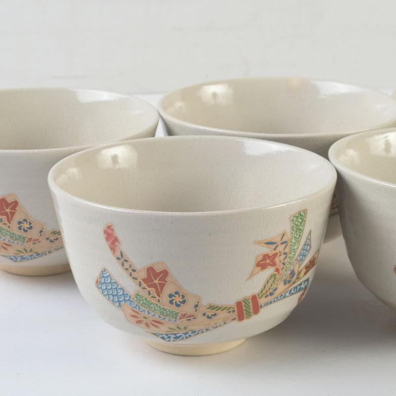 茶道具　京焼　加藤昌山作　色絵金彩　束熨斗文　数茶碗　五客　C　A63