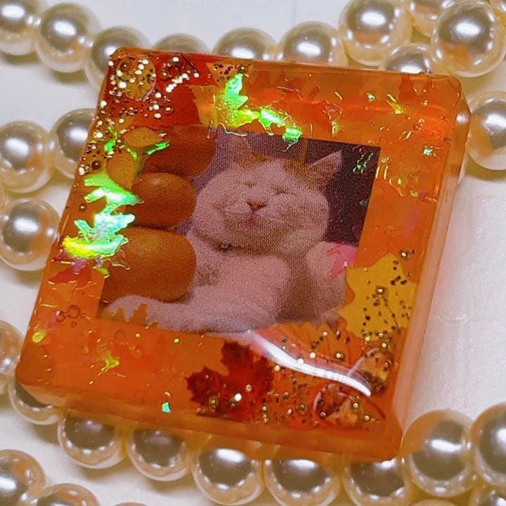 ゆきそら様お取置き レジンヘアゴム みかんと猫ちゃん クリア紅葉ホロNo.787