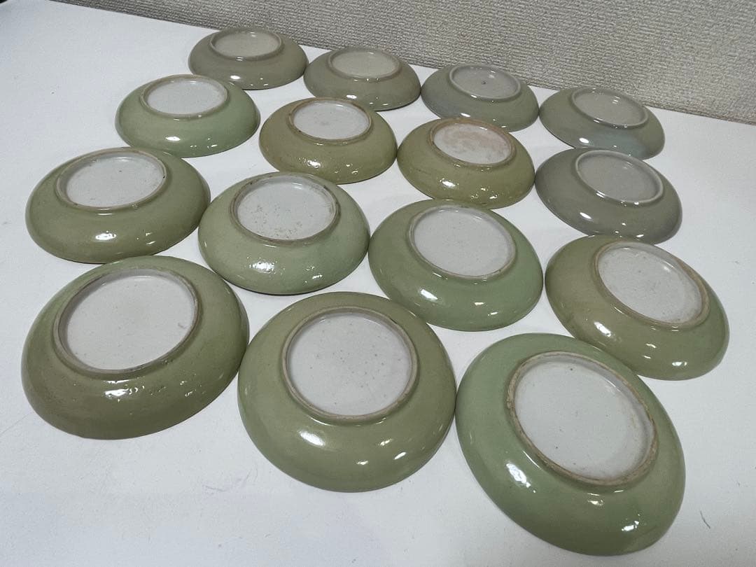 【現状品】クロム青磁 陶器 青磁 皿 風景画 アンティーク 割烹 懐石 15枚
