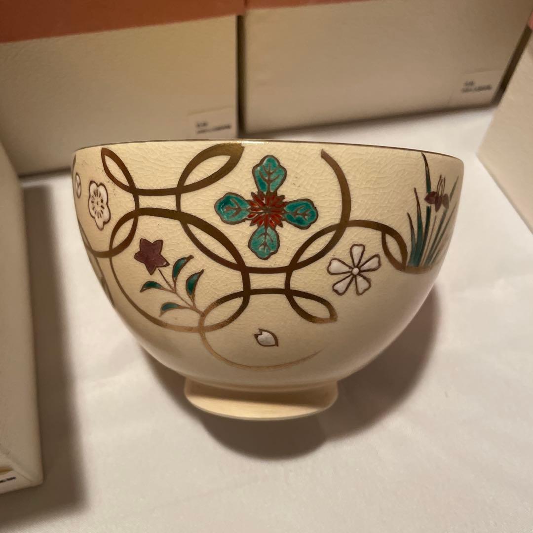 【新品・未使用】京焼 龍靖造 色絵草花茶碗在銘 茶碗 陶器 茶道具 10個セット
