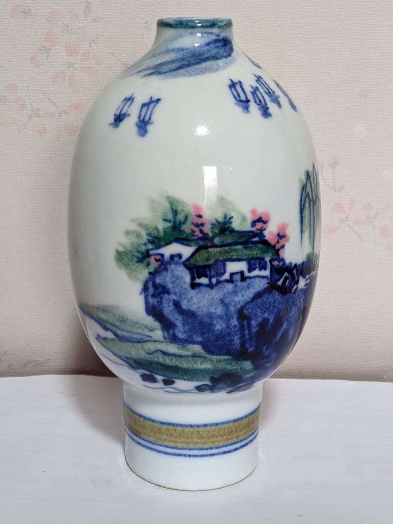 ♦中国陶磁？景徳鎮 染付色絵 漢詩 山水図 瓶 コレクション 骨董品アンティーク
