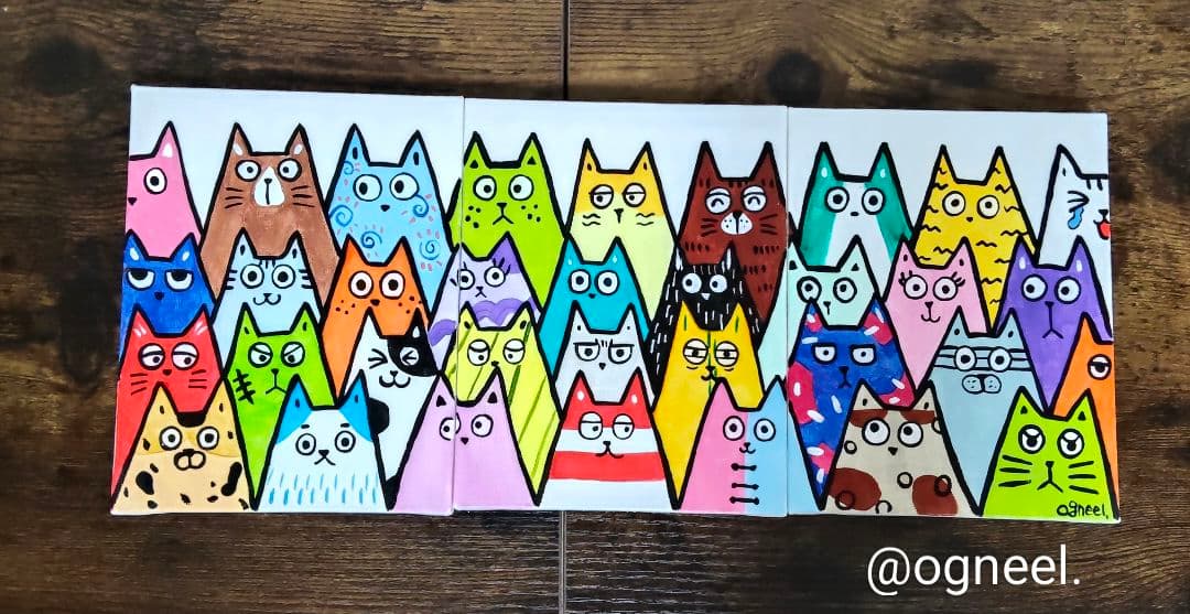 【みんな違ってみんないい〜3枚セット〜】　アクリル画　原画　猫