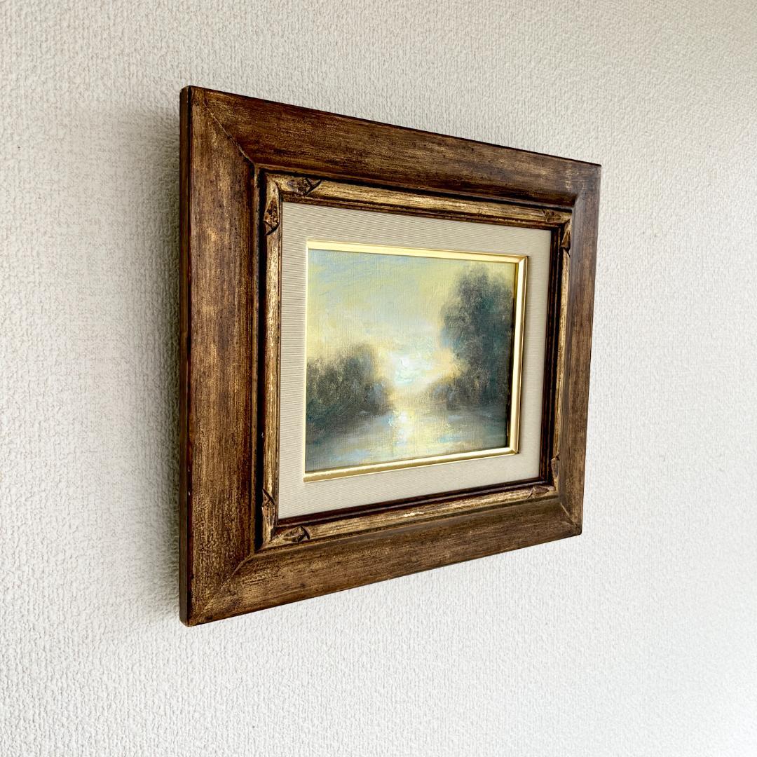 【額付き】光る川 風景画 油絵 原画 0号 インテリア
