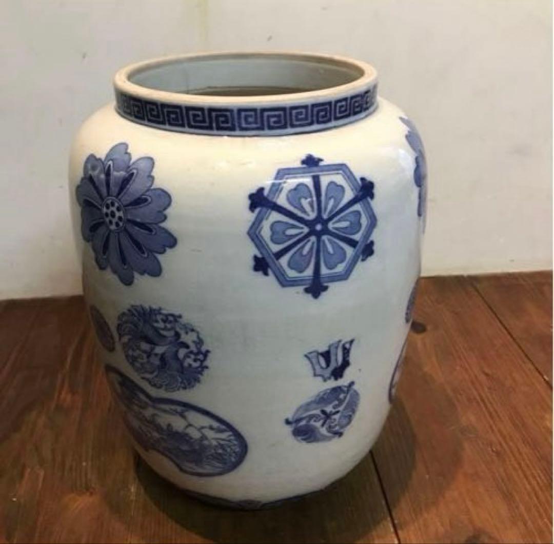美品　陶器　焼物　当時物　花瓶　絵柄や模様が可愛い　フラワーベース　藍