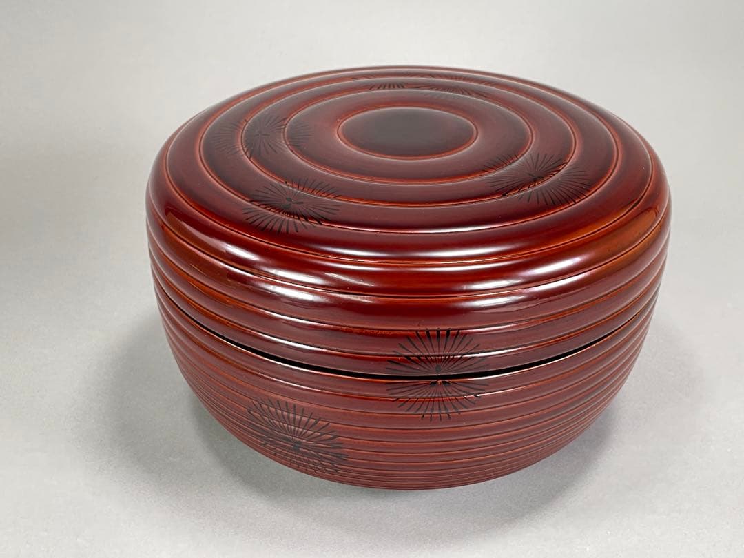 塗師 岡本陽斎作 呂久呂目黒溜塗 唐松蒔絵波 喰籠 内黒 共箱 蓋物 茶事 漆芸