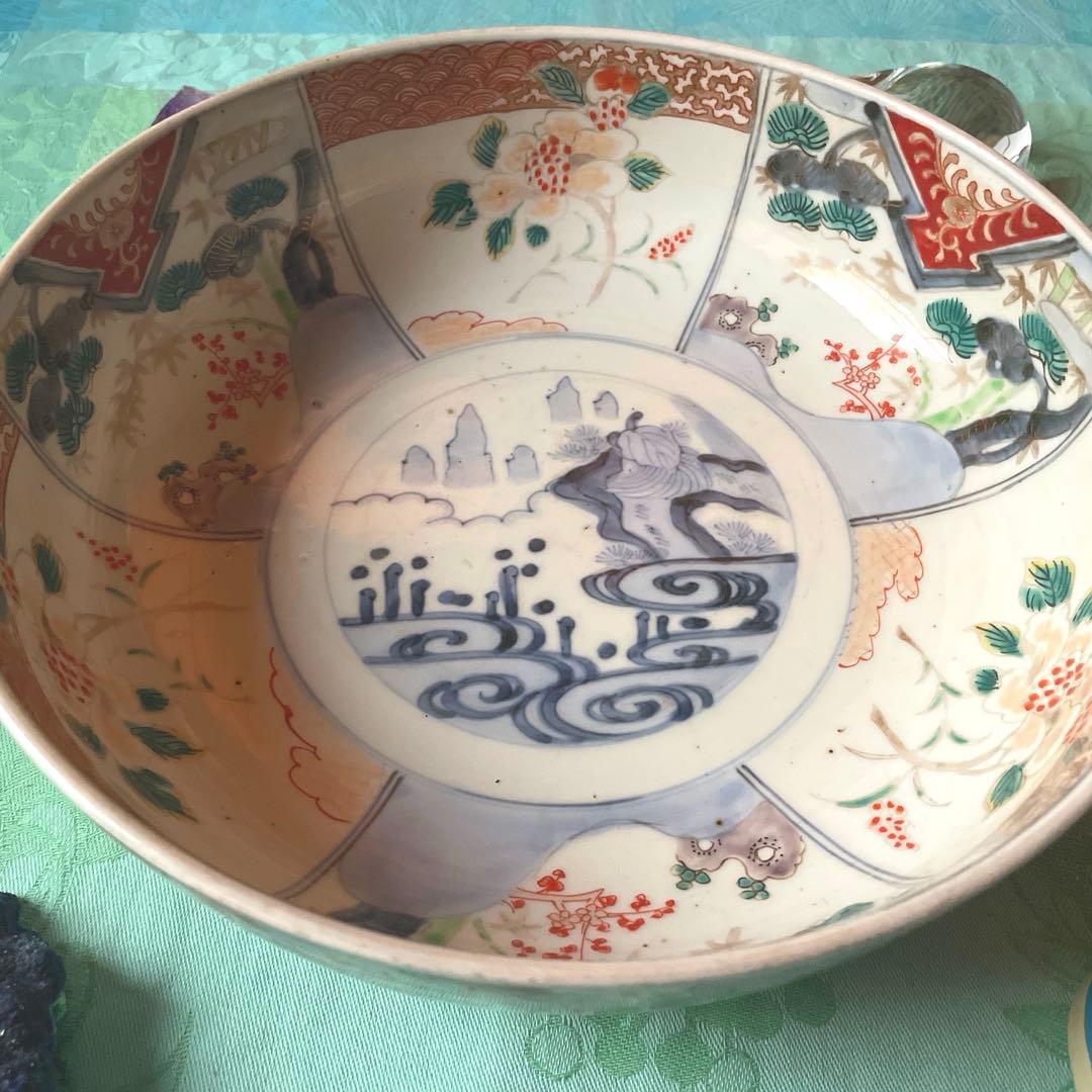 幕末明治　色絵　金彩　手描き　染付　二重高台　深鉢