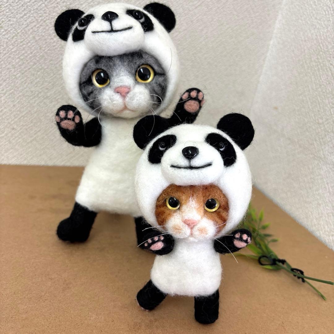 羊毛フェルト　猫パンダ×ちび猫パンダ(*☻-☻*)