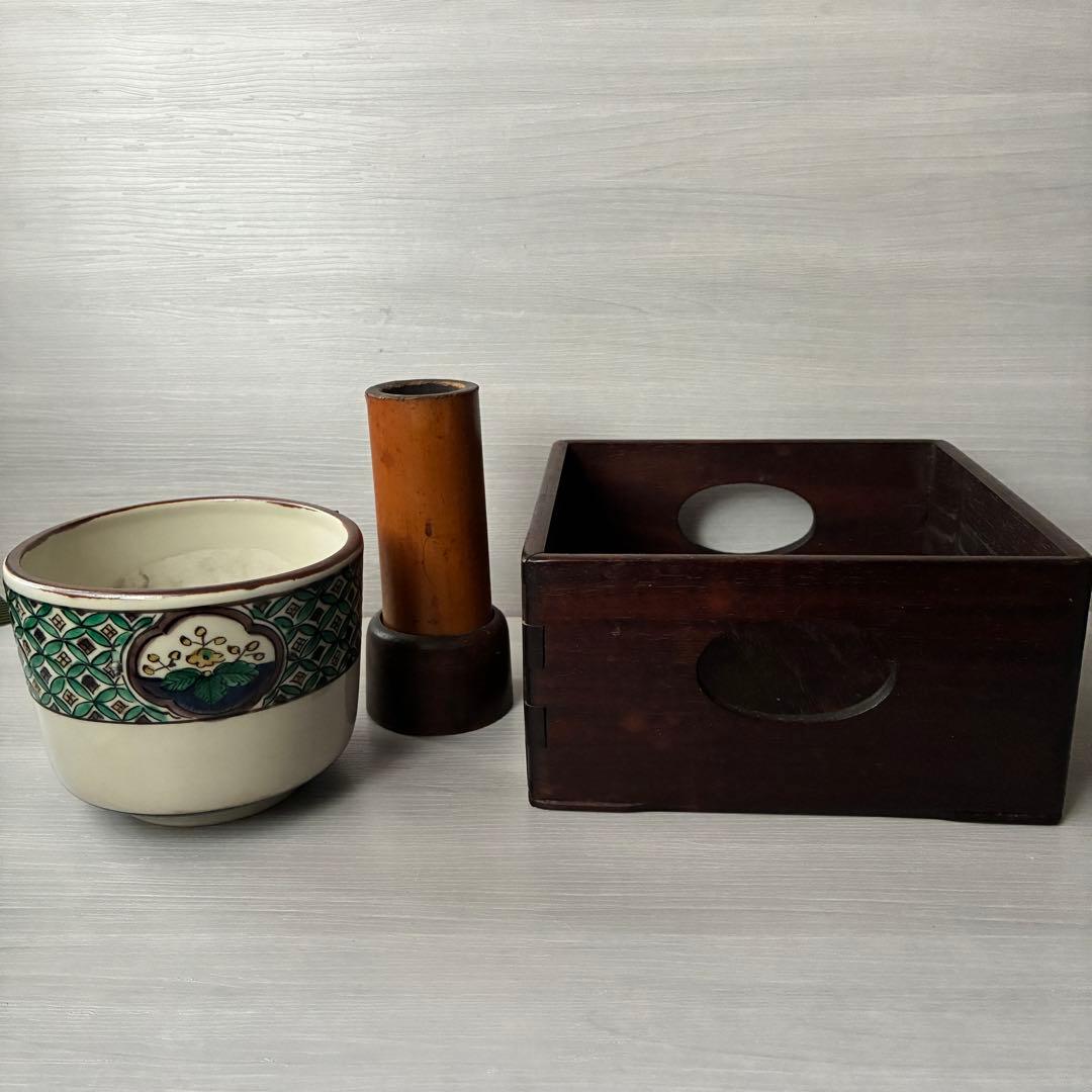 九谷焼　陶器　角福　煙草盆　茶道具　青手　灰入れ　竹灰吹　木箱　年代物　古道具