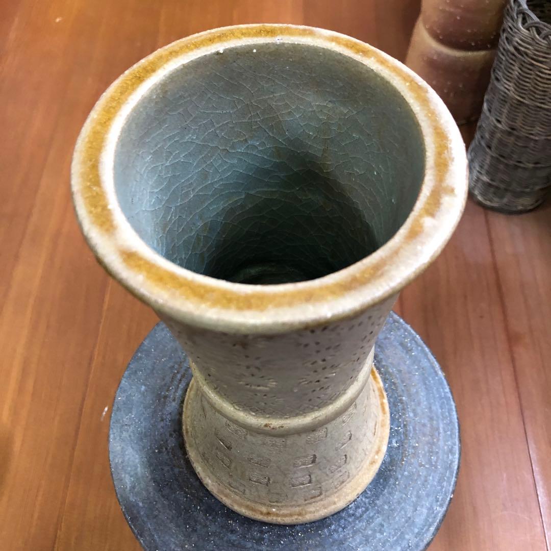 古来ギリシャの様な立鼓形花入れ 花器 海のような水色 日本伝統工芸品 焼きもの