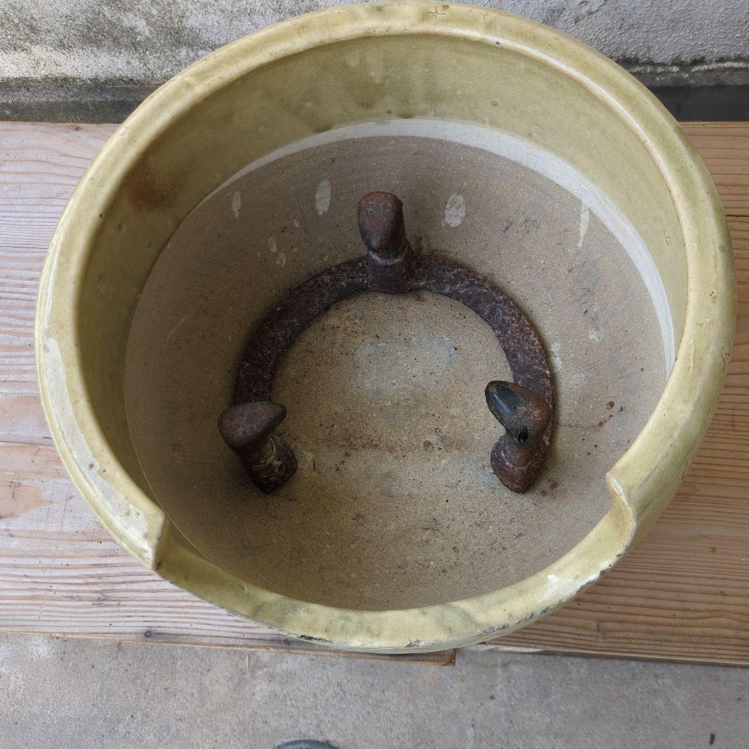 骨董 風炉 黄瀬戸 美濃焼 五徳付 鳥の図 茶道具 茶道 陶器 お点前